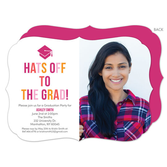 Pink and Orange Hats Off Photo Graduation Invitations